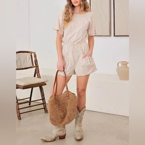Hersy Linen Blend Checker Print Romper with Pockets